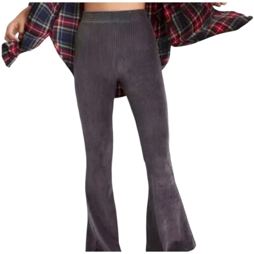 Aerie Ribbed Velour Flare Pants Charcoal Gray‎ High Waist Bell Bottom XL Long